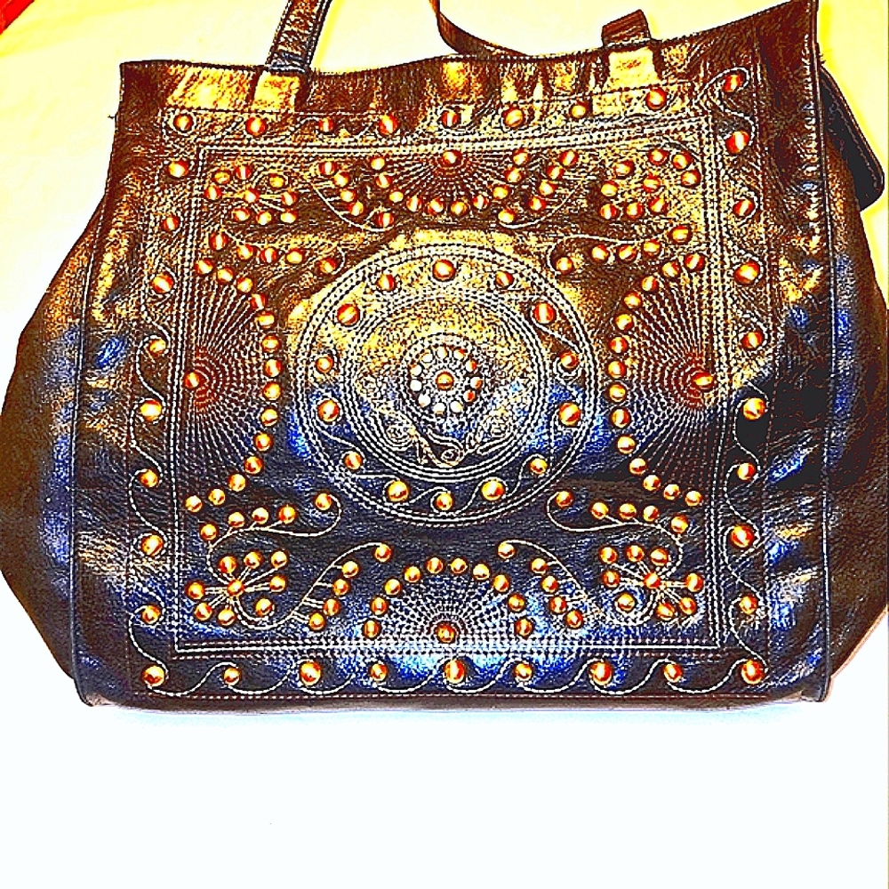BOHO Black with Gold Toned Studs Tote with Ornate Design